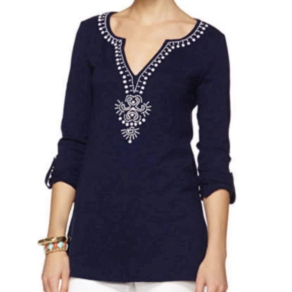 Lilly Pulitzer Eliane Women's L Tunic Top True Navy Embroidered Beads‎ - Read
